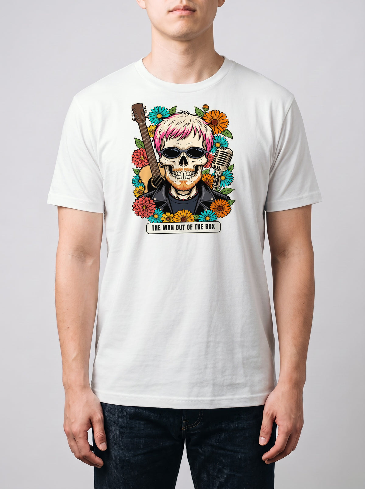 Corporatura media, 180 cm per 78 kg, con la t-shirt Premium bianca The Man Out of the Box in taglia L (ricostruzione al computer)