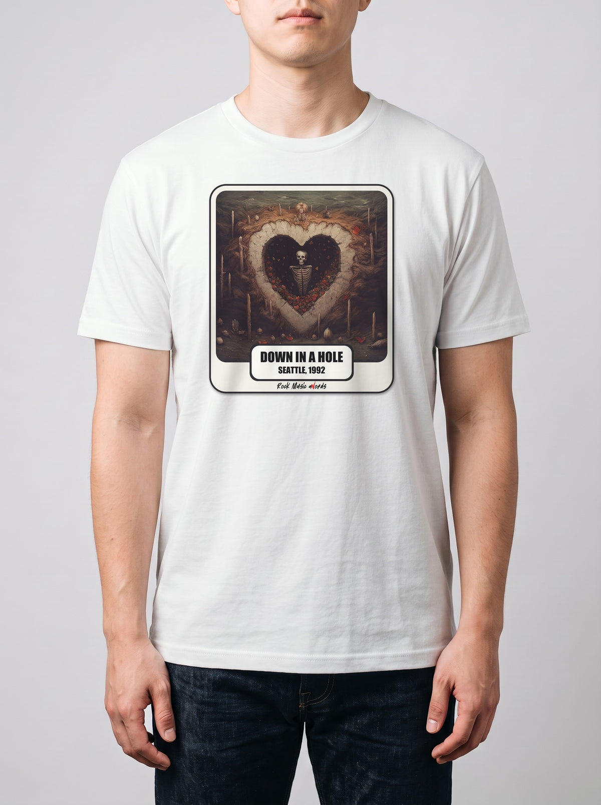 Corporatura media, 180 cm per 78 kg, con la t-shirt bianca «Down in a Hole – Seattle, 1992» in taglia L (ricostruzione al computer)
