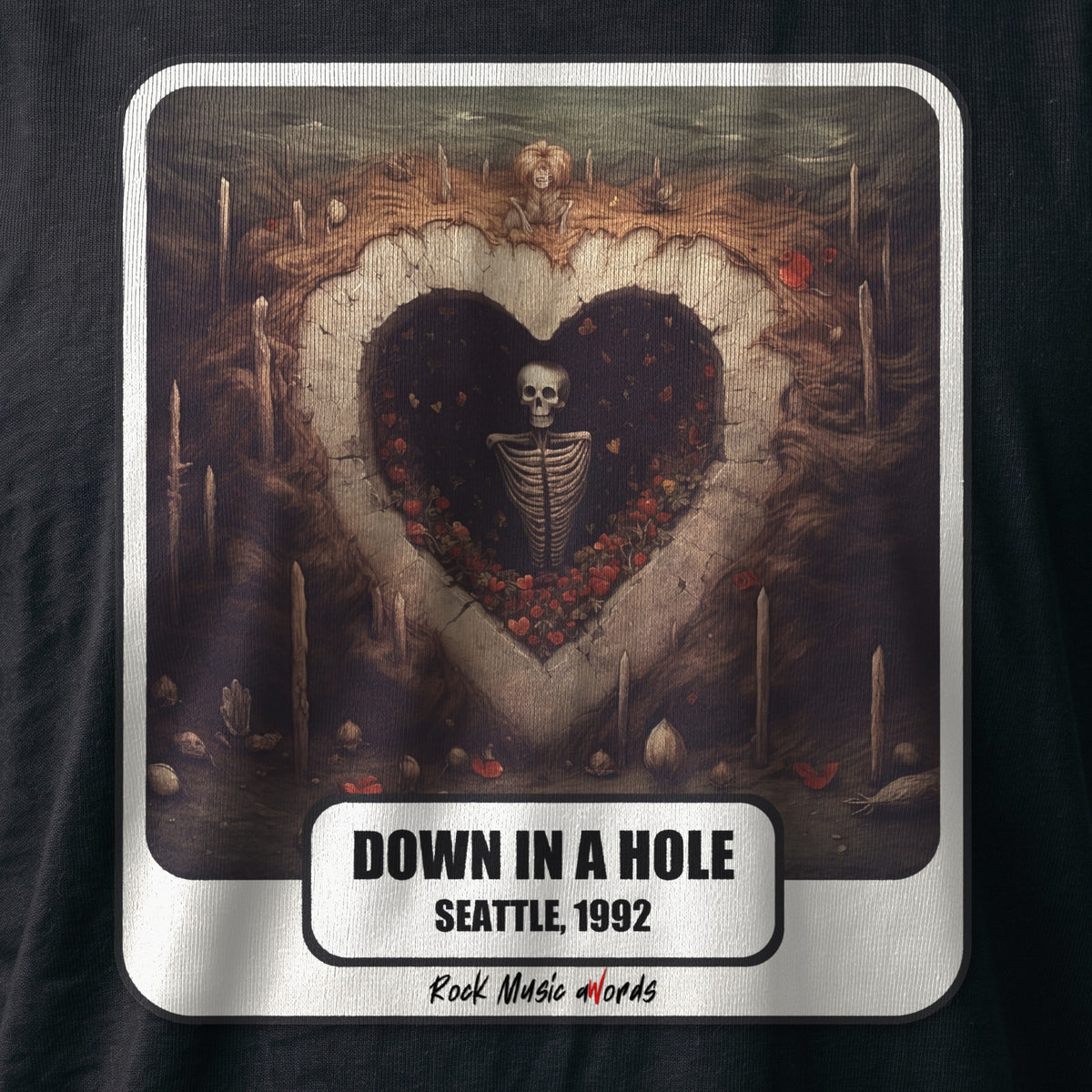 La stampa da vicino sulla t-shirt nera: «Down in a Hole – Seattle, 1992», sul cotone (ricostruzione al computer)