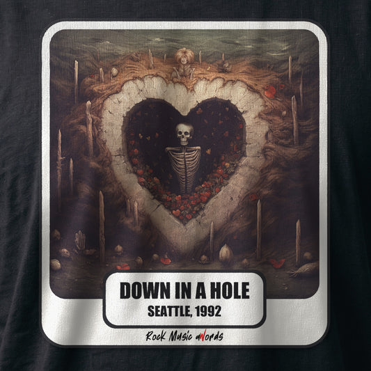 La stampa da vicino sulla t-shirt nera: «Down in a Hole – Seattle, 1992», sul cotone (ricostruzione al computer)