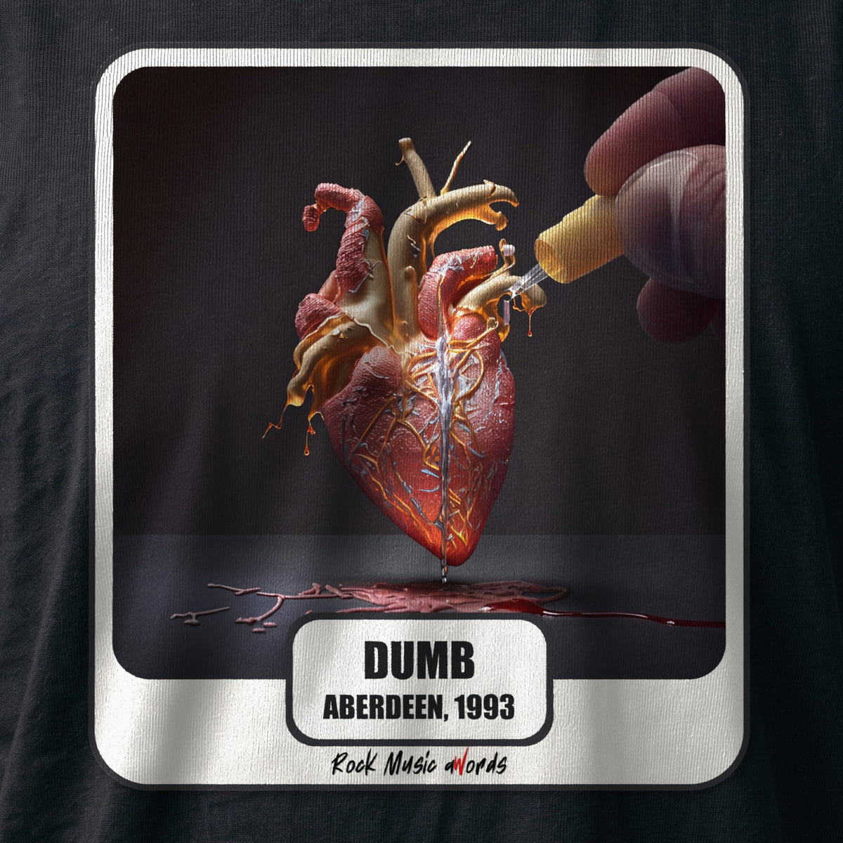 La stampa da vicino sulla t-shirt nera: «Dumb – Aberdeen, 1993», sul cotone (ricostruzione al computer)