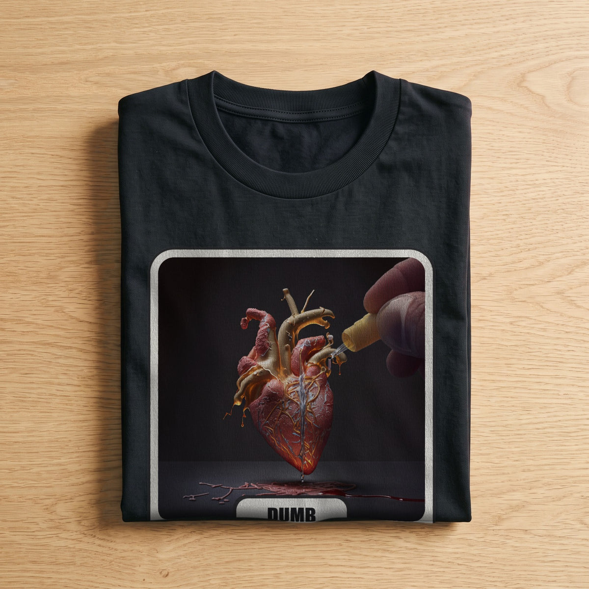 La t-shirt nera «Dumb – Aberdeen, 1993» piegata su un piano di legno, come arriva a casa (ricostruzione al computer)