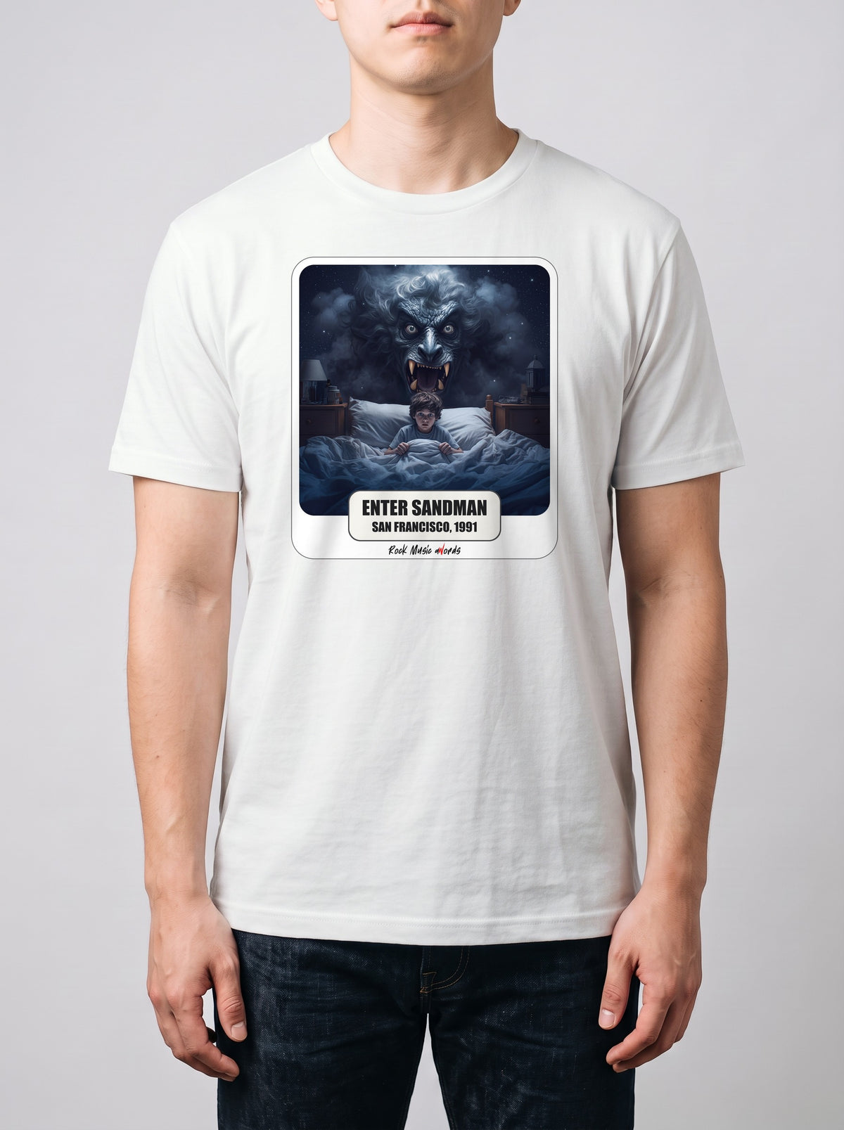 Corporatura media, 180 cm per 78 kg, con la t-shirt bianca «Enter Sandman – San Francisco, 1991» in taglia L (ricostruzione al computer)