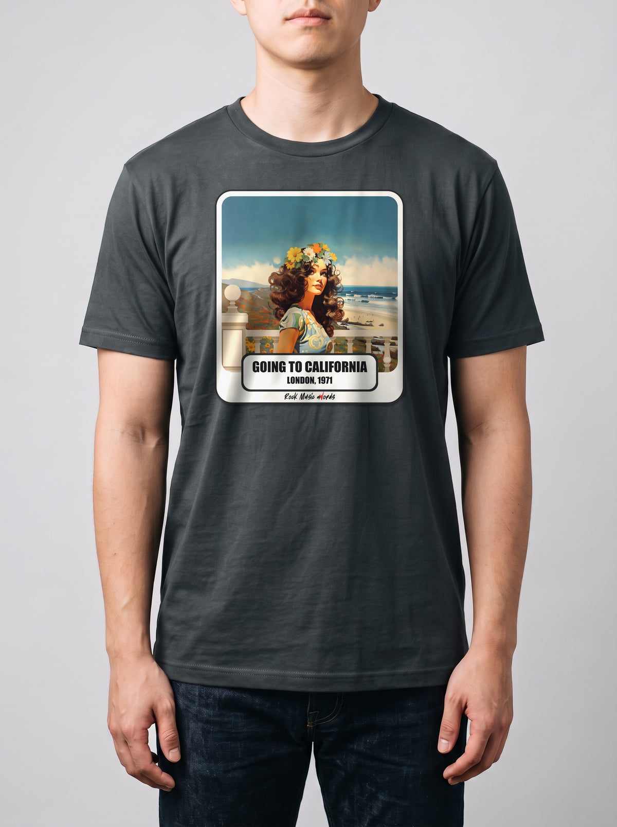 Corporatura media, 180 cm per 78 kg, con la t-shirt grigio antracite «Going to California – London, 1971» in taglia L (ricostruzione al computer)