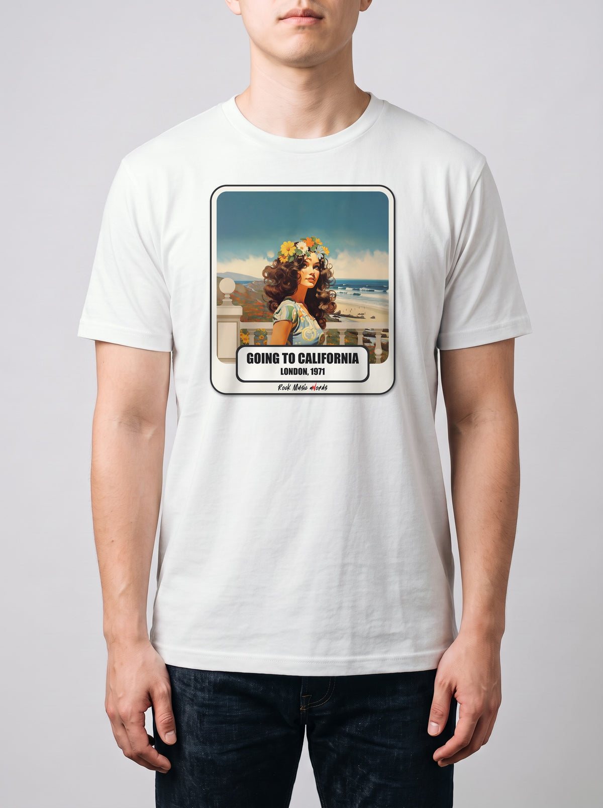 Corporatura media, 180 cm per 78 kg, con la t-shirt bianca «Going to California – London, 1971» in taglia L (ricostruzione al computer)