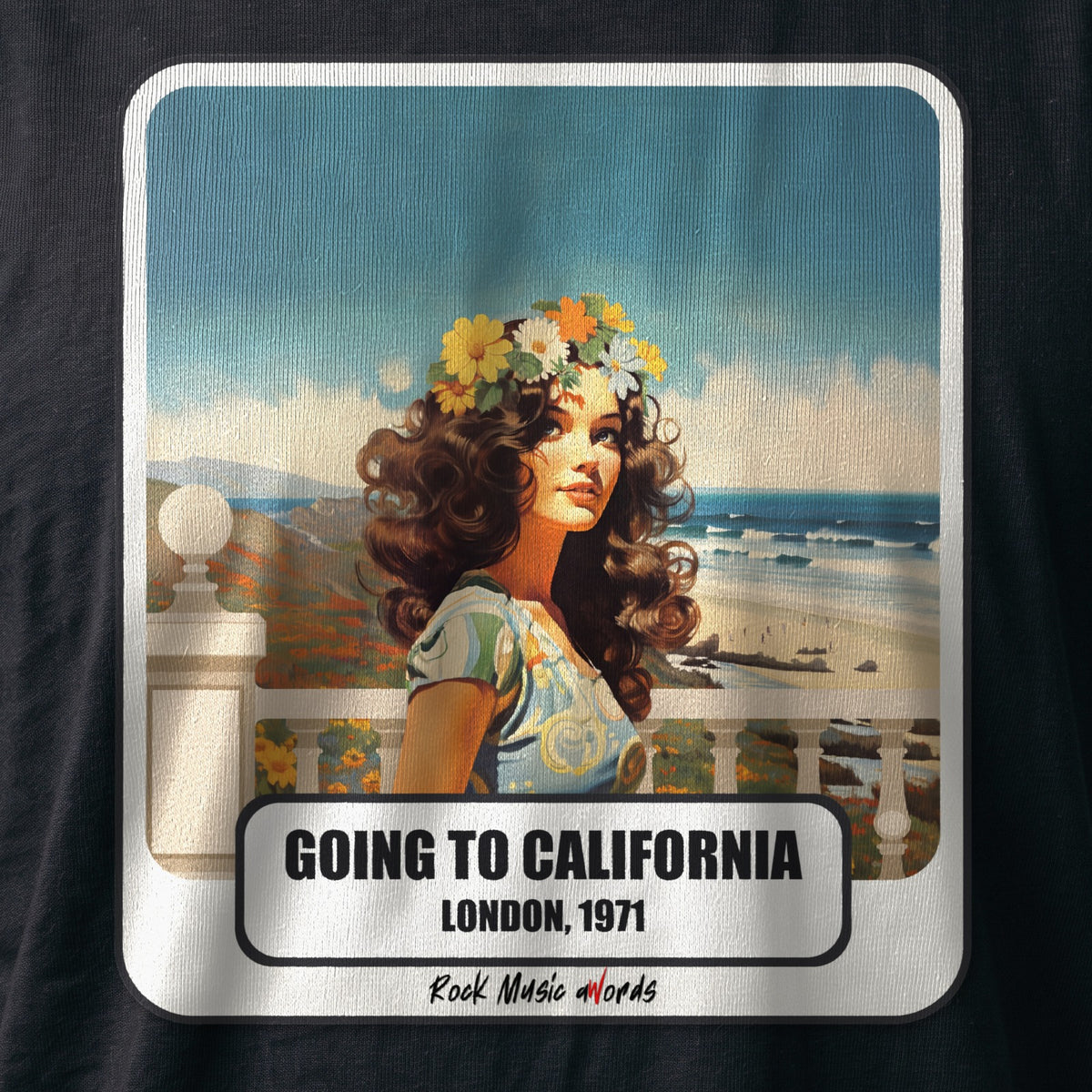 La stampa da vicino sulla t-shirt nera: «Going to California – London, 1971», sul cotone (ricostruzione al computer)