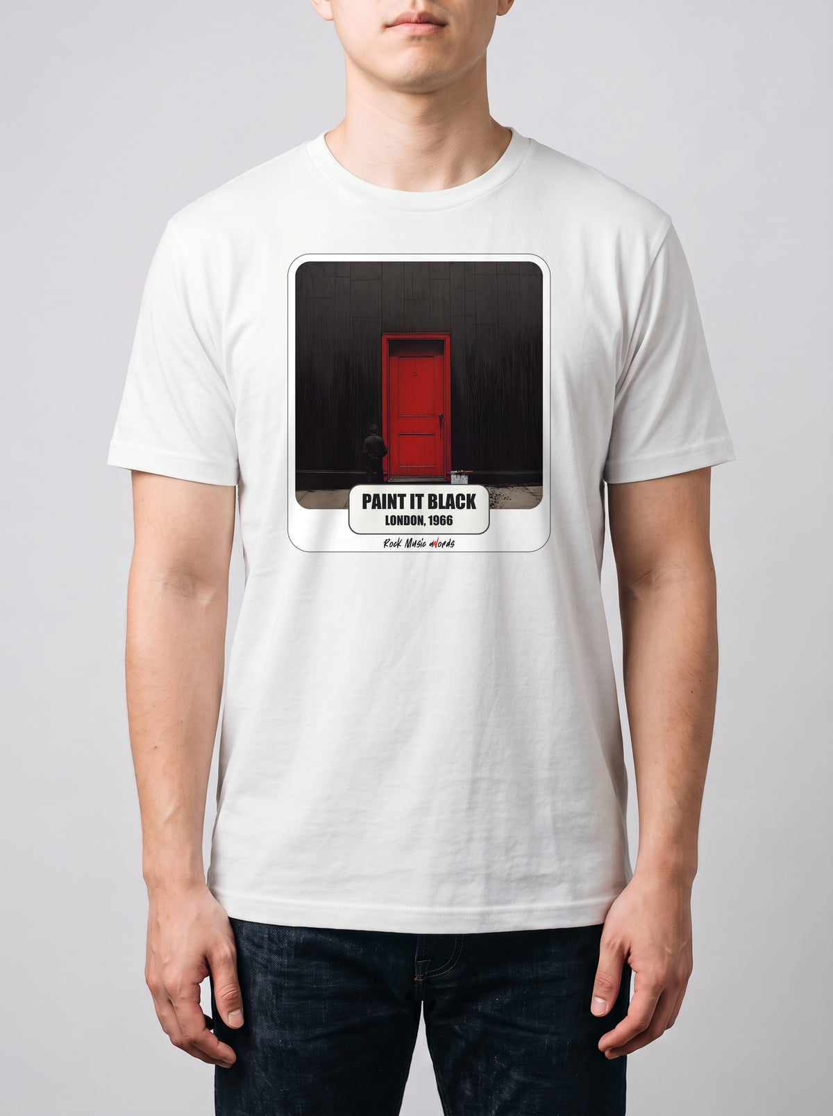 Corporatura media, 180 cm per 78 kg, con la t-shirt bianca «Paint It Black – London, 1966» in taglia L (ricostruzione al computer)