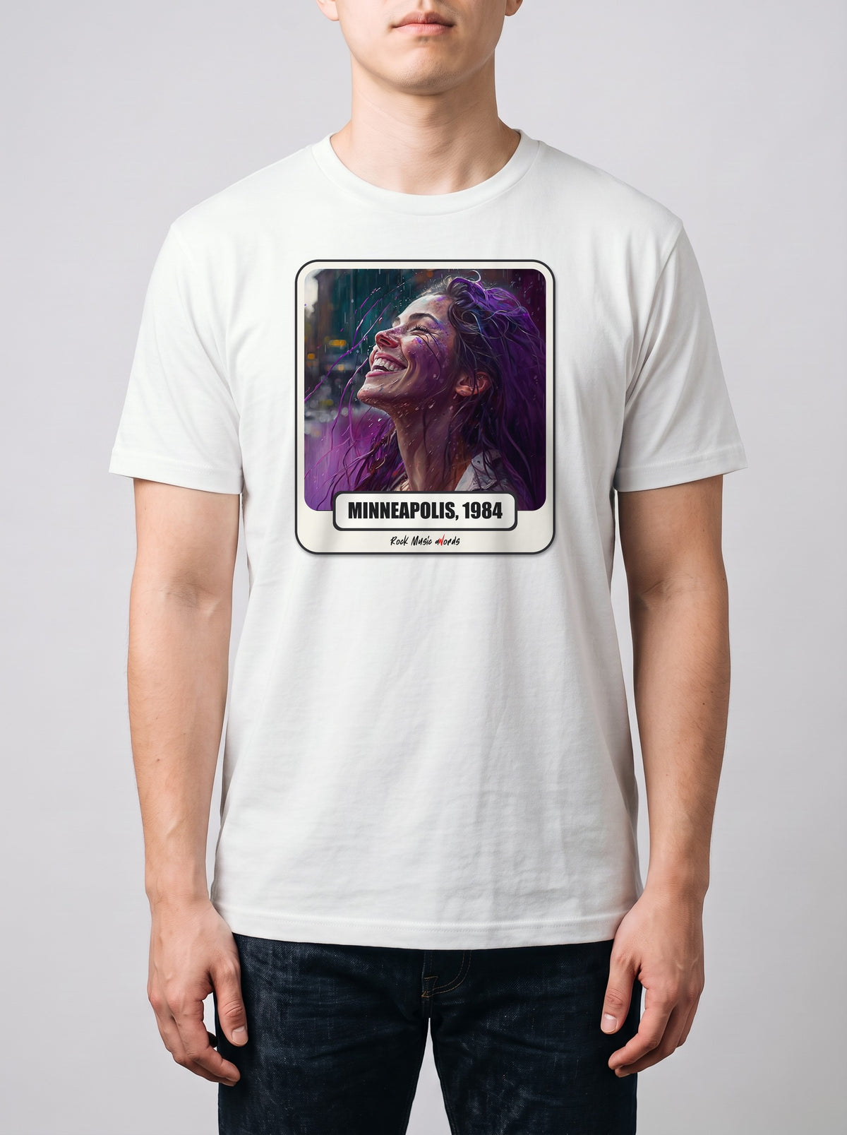 Corporatura media, 180 cm per 78 kg, con la t-shirt bianca «Purple Rain – Minneapolis, 1984» in taglia L (ricostruzione al computer)