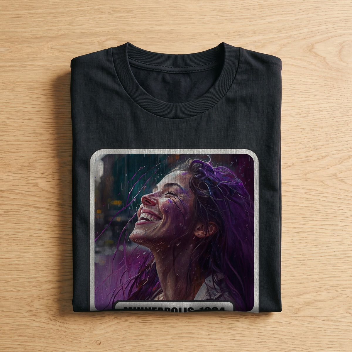 La t-shirt nera «Purple Rain – Minneapolis, 1984» piegata su un piano di legno, come arriva a casa (ricostruzione al computer)