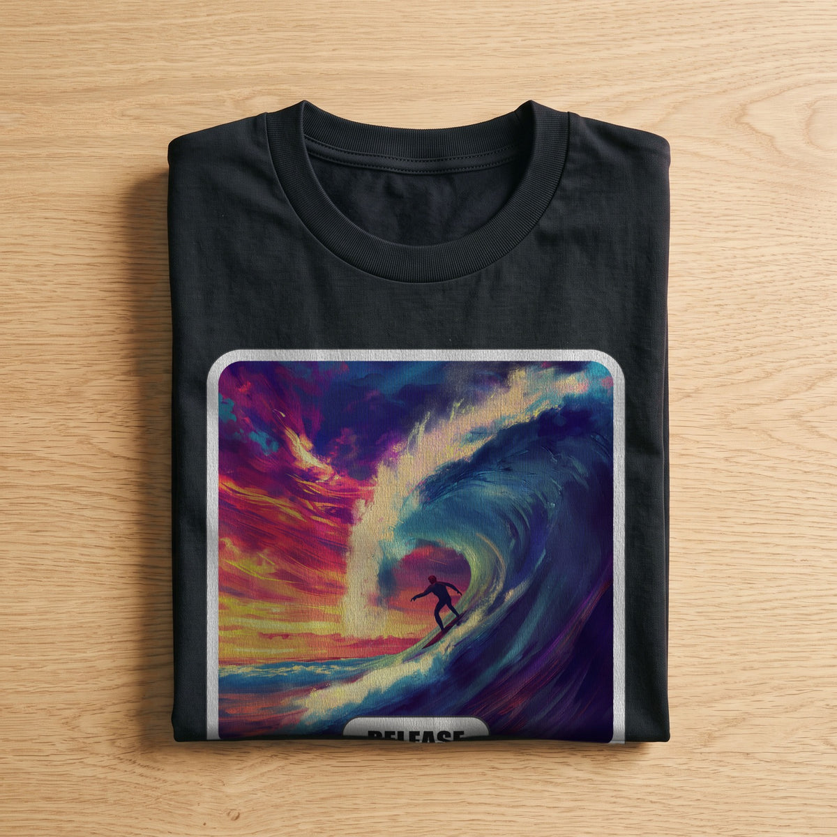 La t-shirt nera «Release – Seattle, 1991» piegata su un piano di legno, come arriva a casa (ricostruzione al computer)