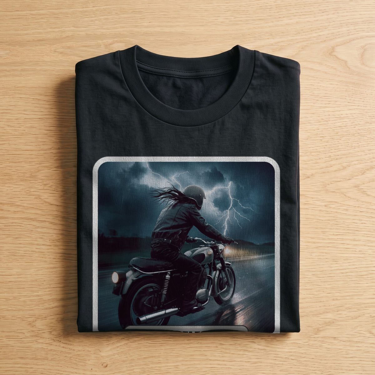 La t-shirt nera «Riders on the Storm – Los Angeles, 1971» piegata su un piano di legno, come arriva a casa (ricostruzione al computer)
