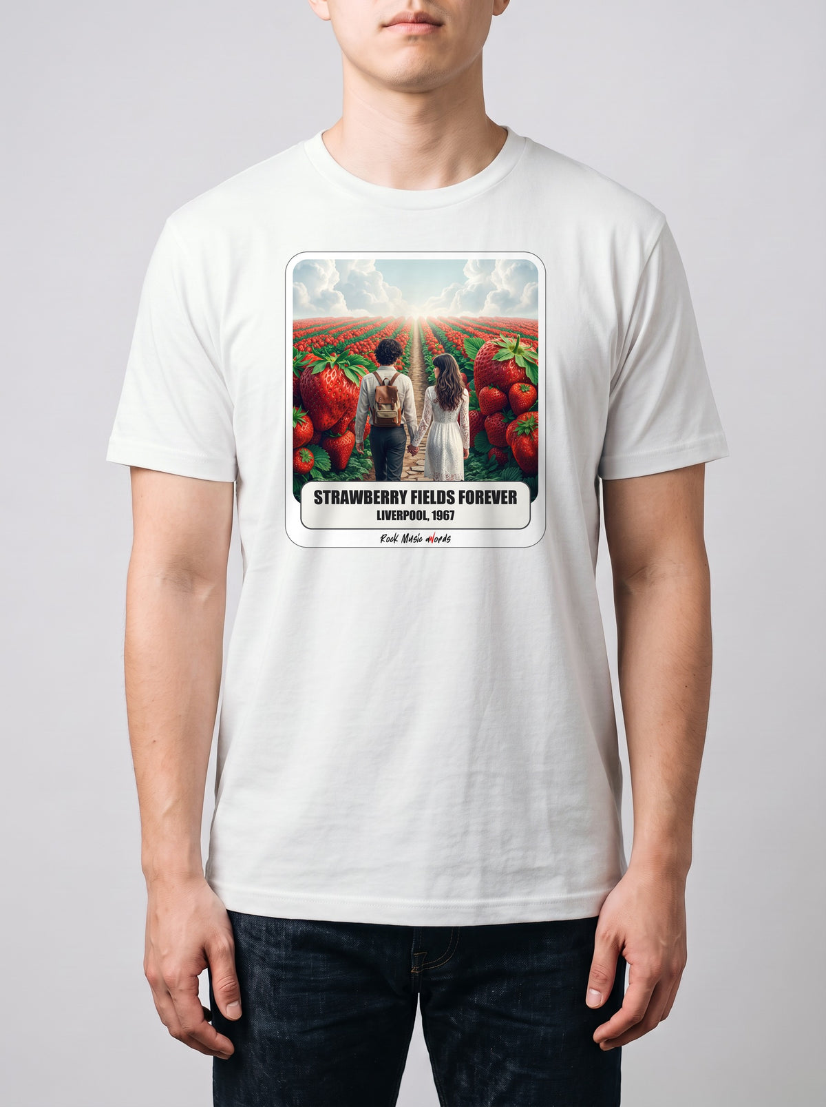 Corporatura media, 180 cm per 78 kg, con la t-shirt bianca «Strawberry Fields Forever – Liverpool, 1967» in taglia L (ricostruzione al computer)