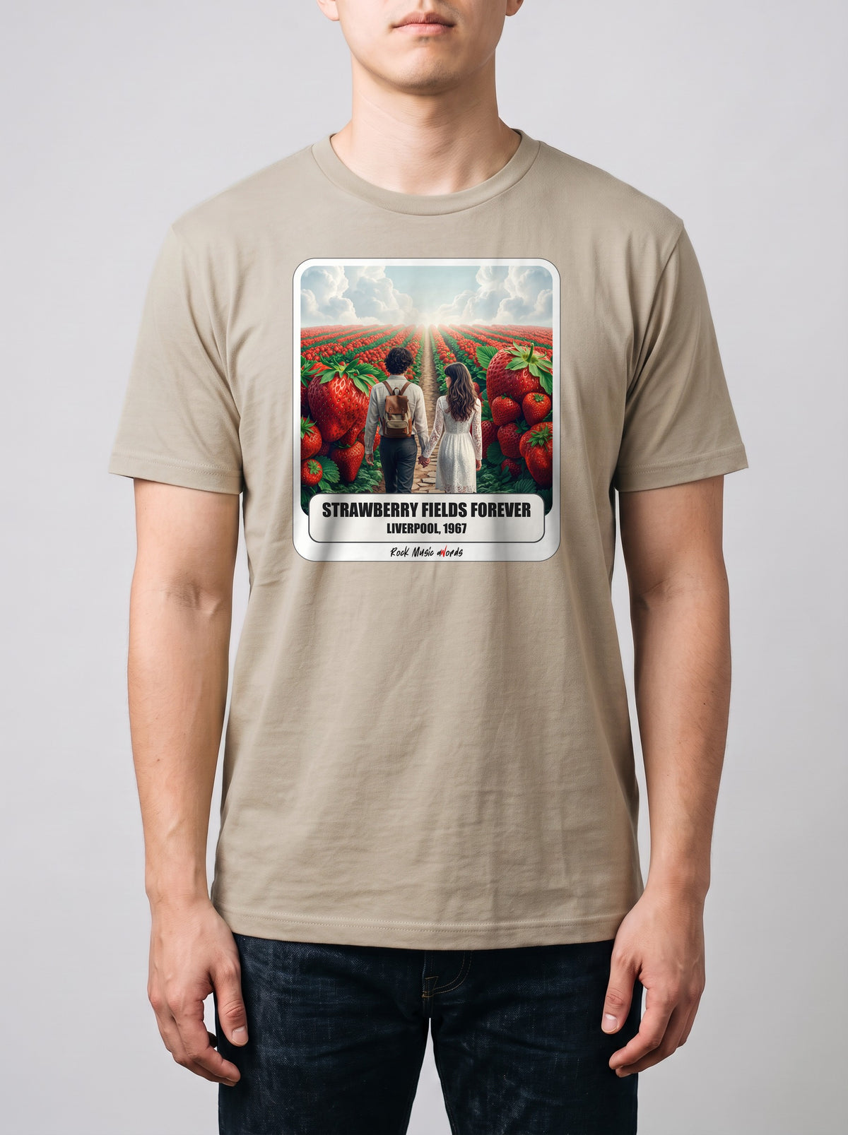 Corporatura media, 180 cm per 78 kg, con la t-shirt color sabbia «Strawberry Fields Forever – Liverpool, 1967» in taglia L (ricostruzione al computer)