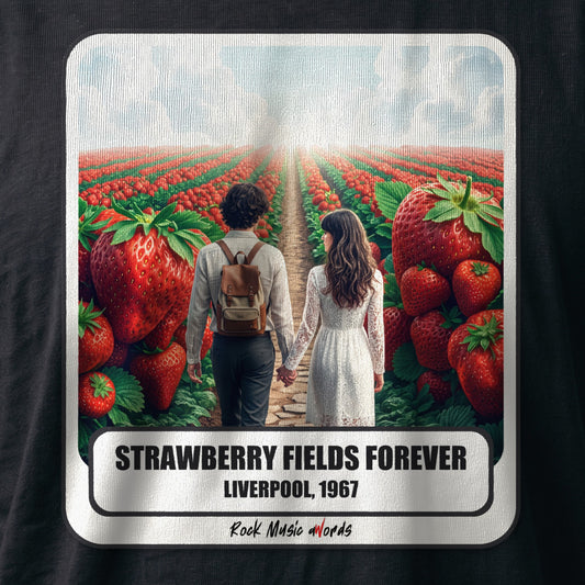 La stampa da vicino sulla t-shirt nera: «Strawberry Fields Forever – Liverpool, 1967», sul cotone (ricostruzione al computer)