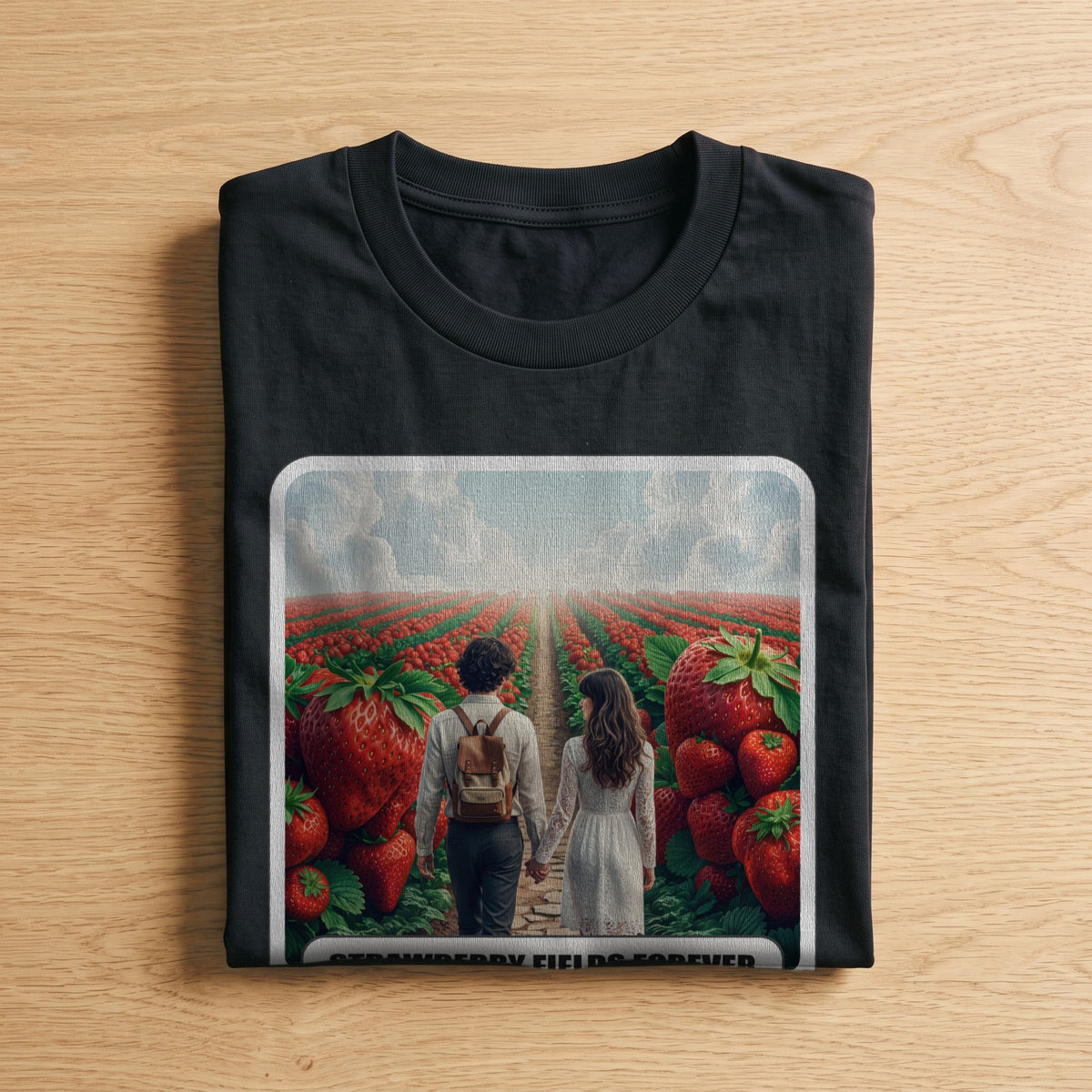 La t-shirt nera «Strawberry Fields Forever – Liverpool, 1967» piegata su un piano di legno, come arriva a casa (ricostruzione al computer)