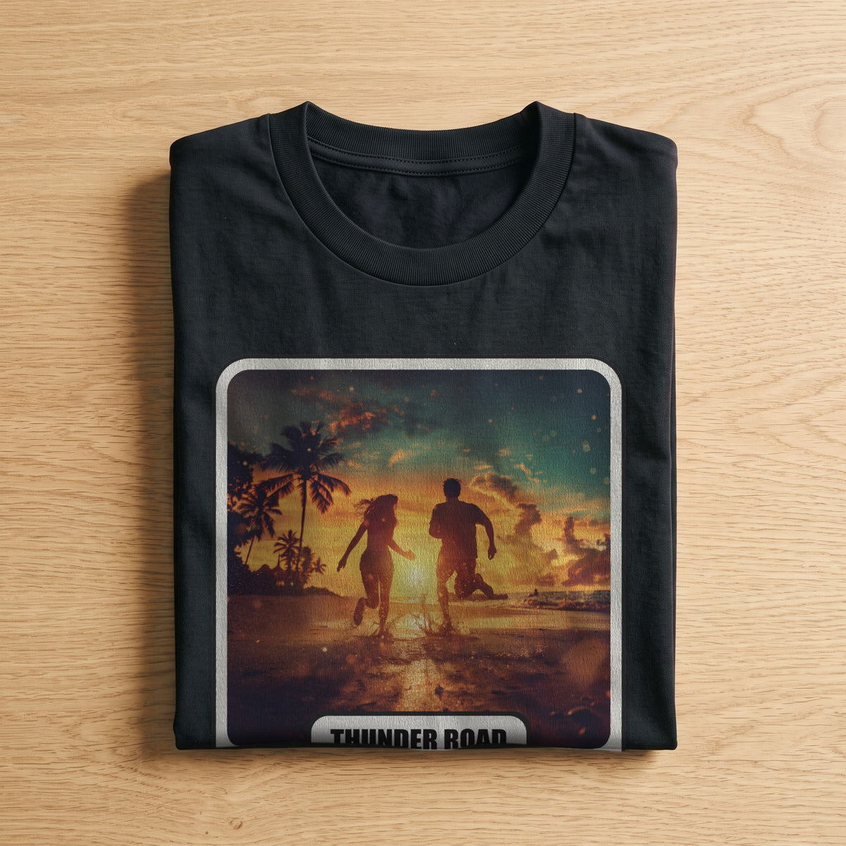 La t-shirt nera «Thunder Road – Asbury Park, 1975» piegata su un piano di legno, come arriva a casa (ricostruzione al computer)