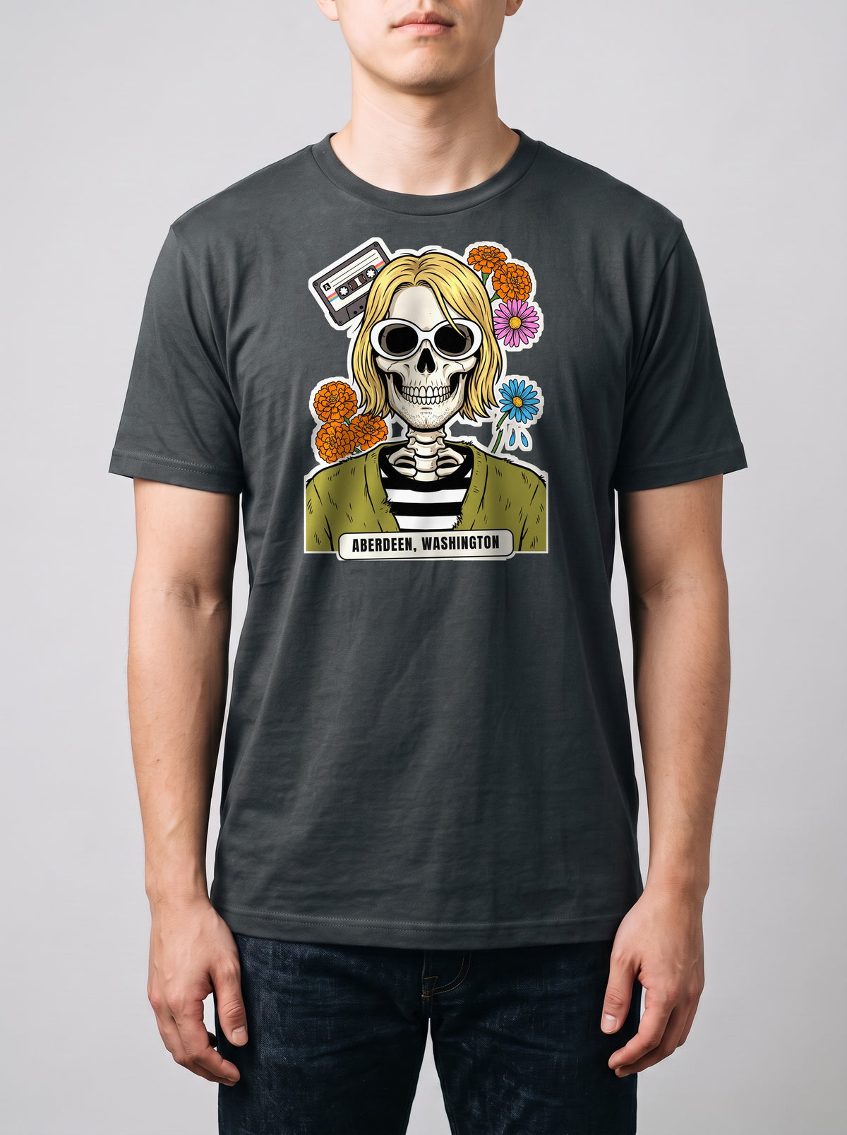 Corporatura media, 180 cm per 78 kg, con la t-shirt grigio antracite Aberdeen in taglia L (ricostruzione al computer)