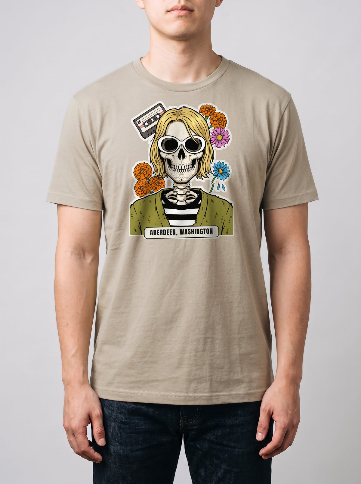 Corporatura media, 180 cm per 78 kg, con la t-shirt color sabbia Aberdeen in taglia L (ricostruzione al computer)
