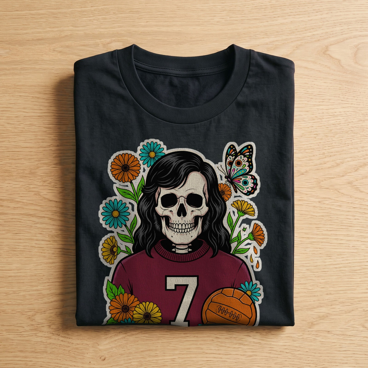 La t-shirt nera La Farfalla Granata piegata su un piano di legno, come arriva a casa (ricostruzione al computer)