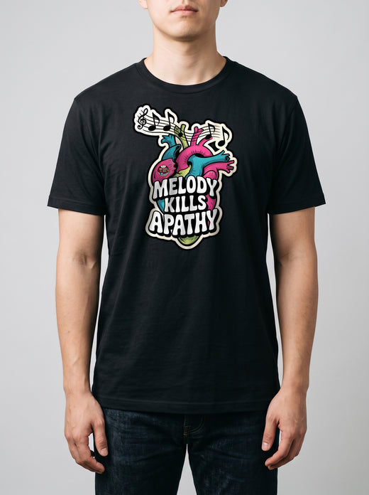 Prova sul modello — corporatura media, 180 cm per 78 kg, indossa la taglia L, versione «Melody kills apathy» (ricostruzione al computer)