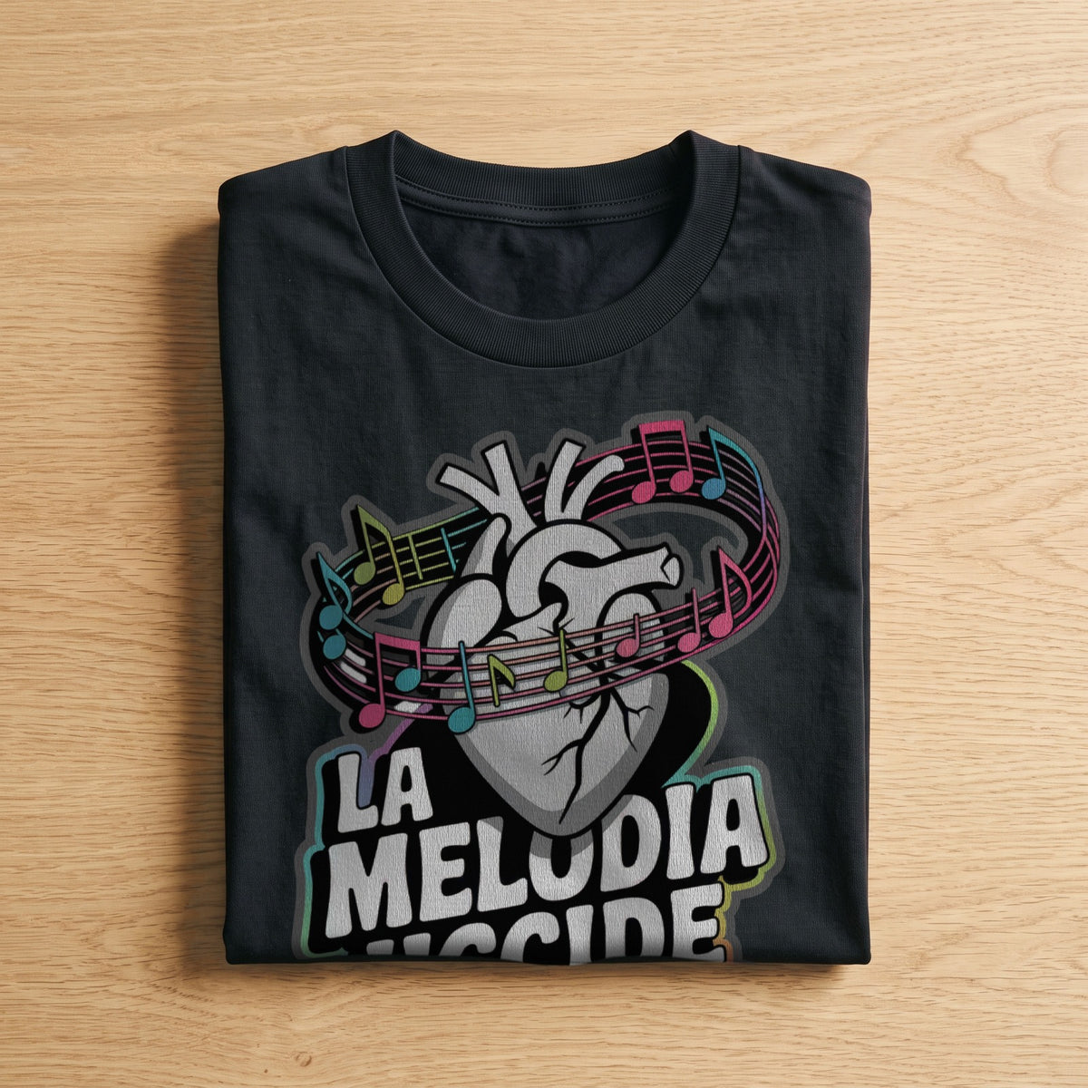La t-shirt nera «La melodia uccide l'apatia» piegata su un piano di legno, come arriva a casa (ricostruzione al computer)