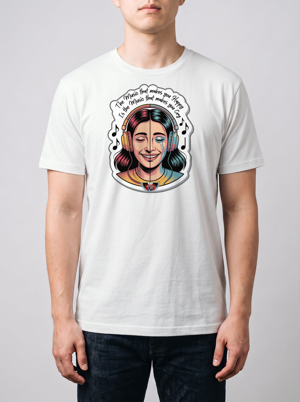 Corporatura media, 180 cm per 78 kg, con la t-shirt bianca «The music that makes you happy is the music that makes you cry» in taglia L (ricostruzione al computer)
