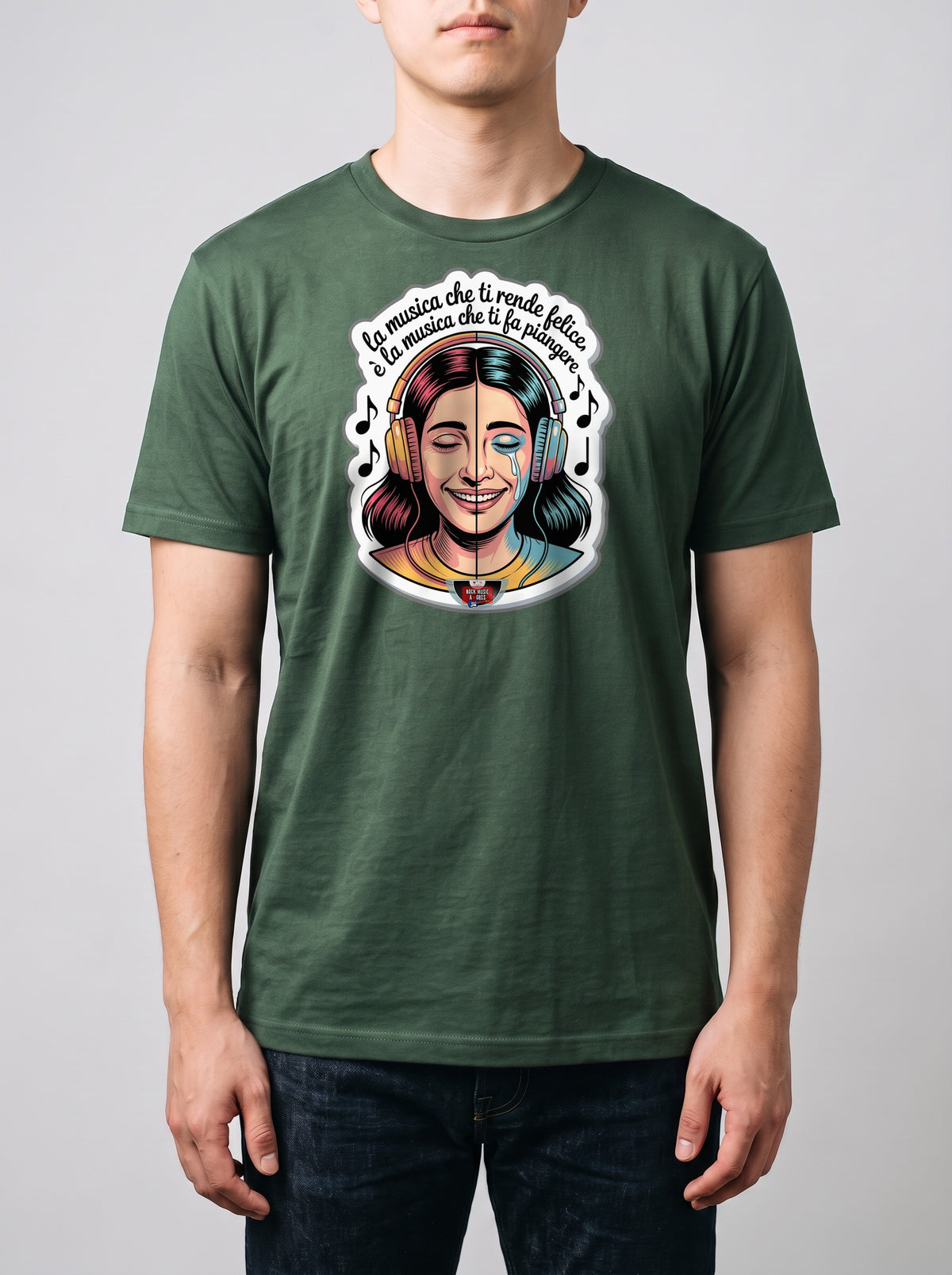Corporatura media, 180 cm per 78 kg, con la t-shirt verde militare «La musica che ti rende felice è la musica che ti fa piangere» in taglia L (ricostruzione al computer)