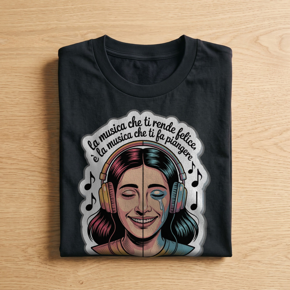 La t-shirt nera «La musica che ti rende felice è la musica che ti fa piangere» piegata su un piano di legno, come arriva a casa (ricostruzione al computer)