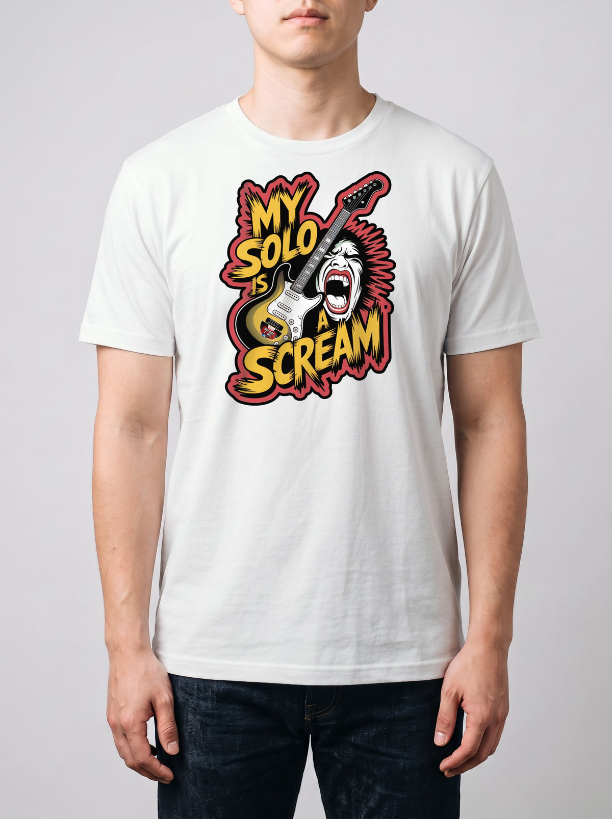 Corporatura media, 180 cm per 78 kg, con la t-shirt bianca «My solo is a scream» in taglia L (ricostruzione al computer)