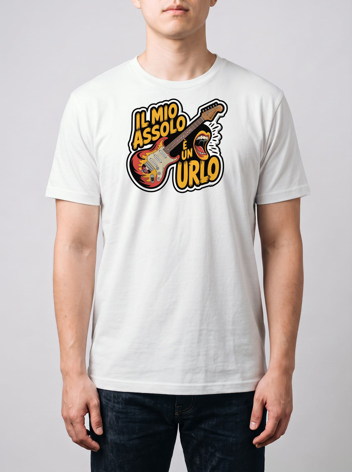 Corporatura media, 180 cm per 78 kg, con la t-shirt bianca «Il mio assolo è un urlo» in taglia L (ricostruzione al computer)