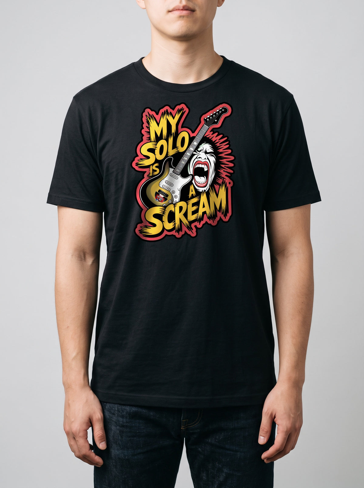 Prova sul modello — corporatura media, 180 cm per 78 kg, indossa la taglia L, versione «My solo is a scream» (ricostruzione al computer)