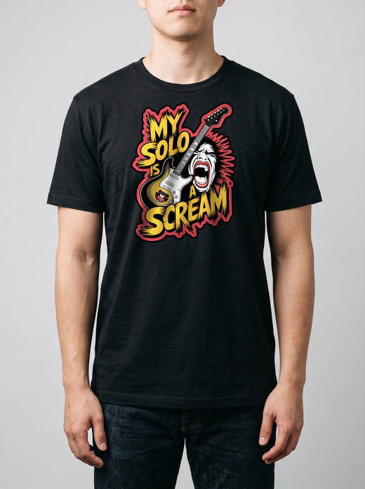 Prova sul modello — corporatura media, 180 cm per 78 kg, indossa la taglia L, versione «My solo is a scream» (ricostruzione al computer)