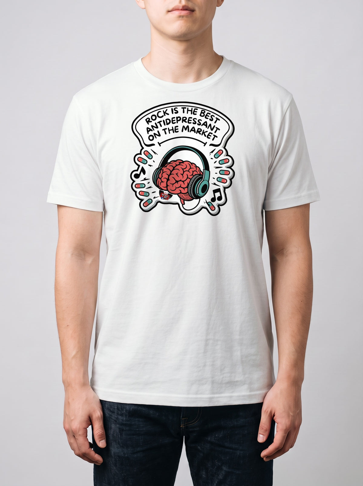 Corporatura media, 180 cm per 78 kg, con la t-shirt bianca «Rock is the best antidepressant on the market» in taglia L (ricostruzione al computer)