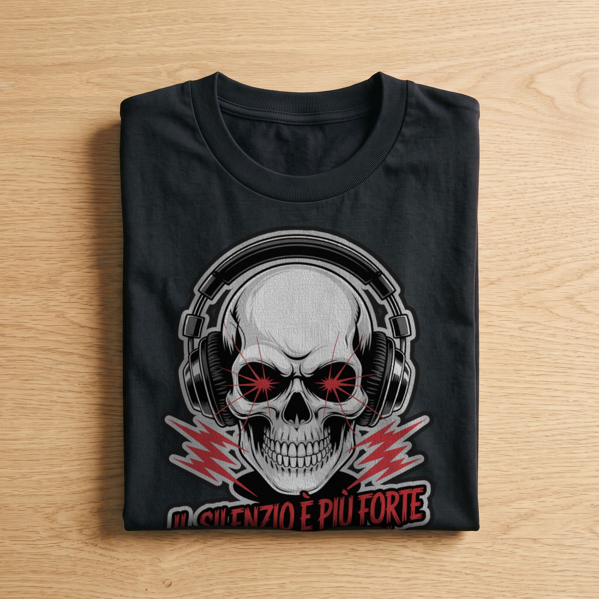 La t-shirt nera «Il silenzio è più forte di quanto credi» piegata su un piano di legno, come arriva a casa (ricostruzione al computer)