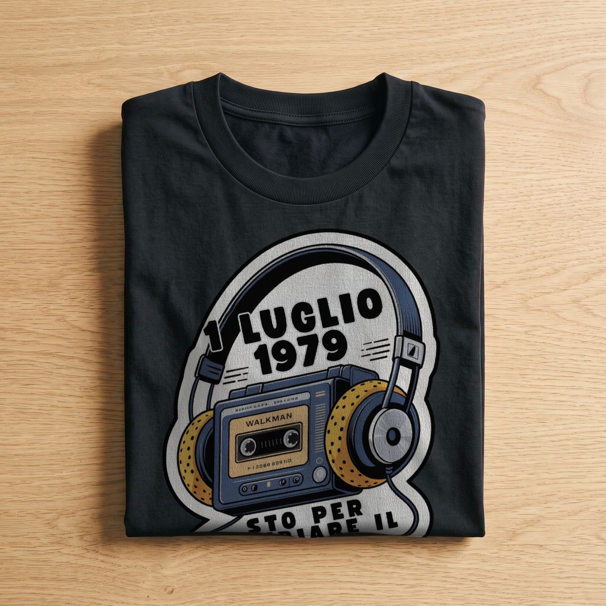 La t-shirt nera «1 luglio 1979: sto per cambiare il mondo» piegata su un piano di legno, come arriva a casa (ricostruzione al computer)